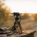 Antena dipolo montada em um suporte improvisado com fios expostos e ferramentas ao redor