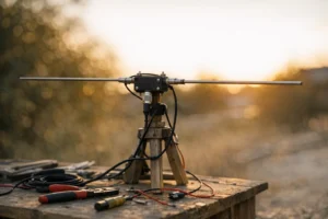 Antena dipolo montada em um suporte improvisado com fios expostos e ferramentas ao redor
