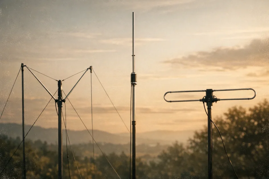 Diversas antenas dipolo, incluindo invertida e vertical, em ambiente externo ao entardecer