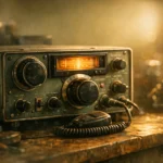 Simulador radioamador classe C em mesa de trabalho com rádio antigo