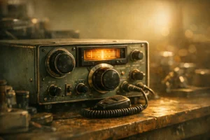 Simulador radioamador classe C em mesa de trabalho com rádio antigo