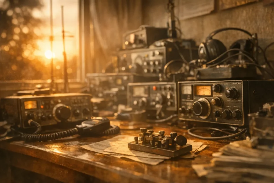 Mesa bagunçada com equipamentos de rádio vintage e luz do pôr do sol