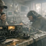 Radioamadores operando equipamentos em ambiente de emergência