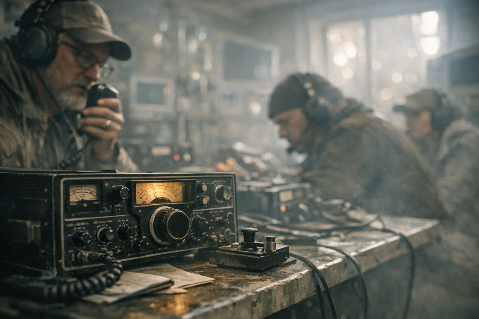 Grupo de radioamadores concentrados em equipamento em sala de emergência