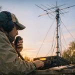 Radioamador em ambiente ao ar livre, interagindo com seu equipamento