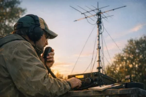 Radioamador em ambiente ao ar livre, interagindo com seu equipamento