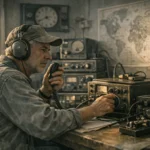 Estação de radioamador com mapas e equipamentos analógicos para simulação COER Classe B.