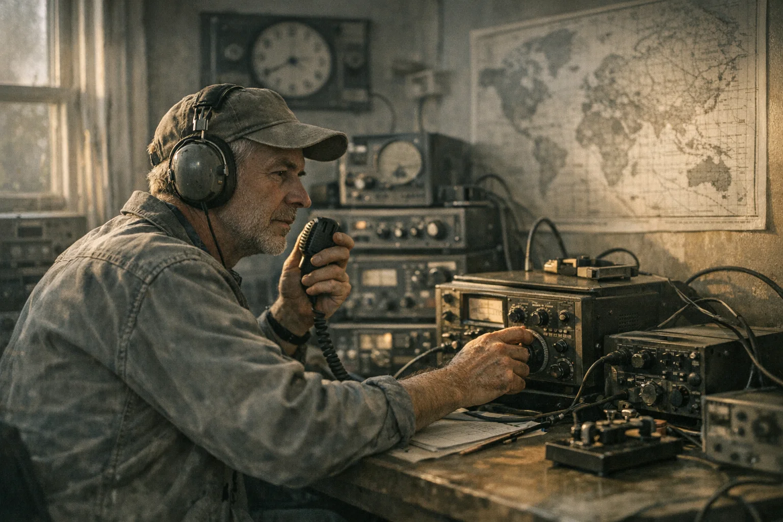 Radioamador em um escritório cercado por equipamentos e mapas de comunicação