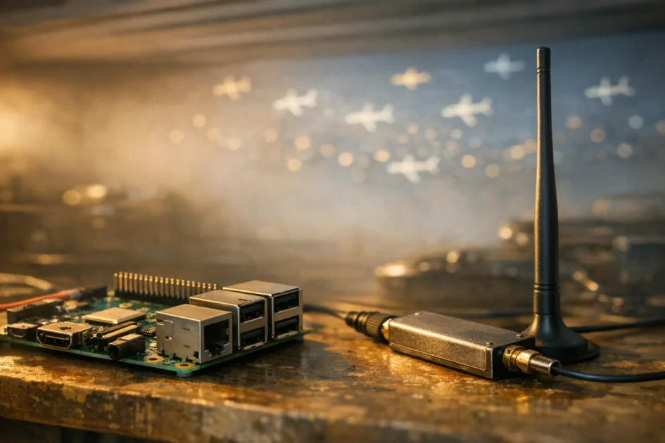 Close-up de um Raspberry Pi e um RTL-SDR em uma mesa de trabalho