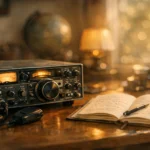 Rádio transceptor e caderno em mesa, simbolizando o exame de radioamador