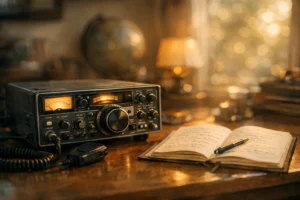 Mesa de estudo organizada com um rádio amador vintage e um caderno aberto ao lado