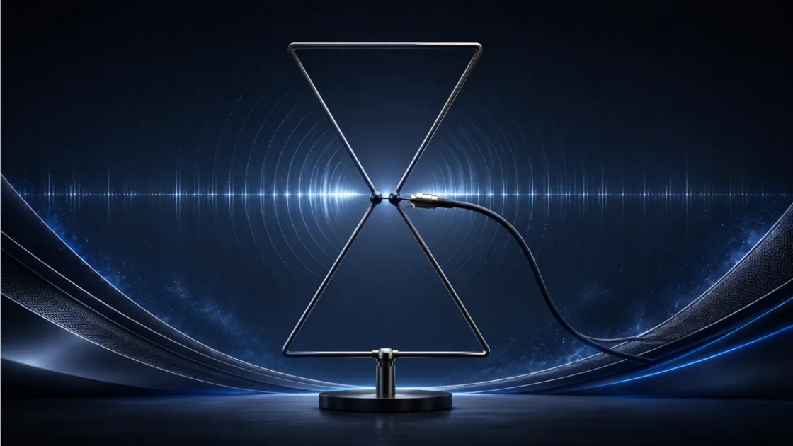 Antena Twin Delta montada com cabo coaxial conectado