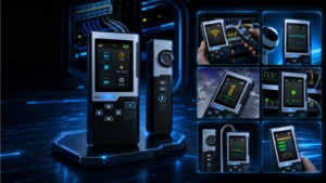 Testador FNIRSI LPM-10 com tela e botões em ambiente tecnológico