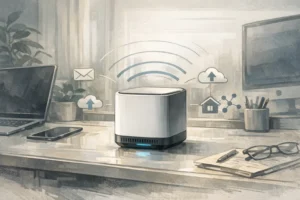 Ambiente de trabalho moderno com dispositivo MeshCore em destaque na mesa
