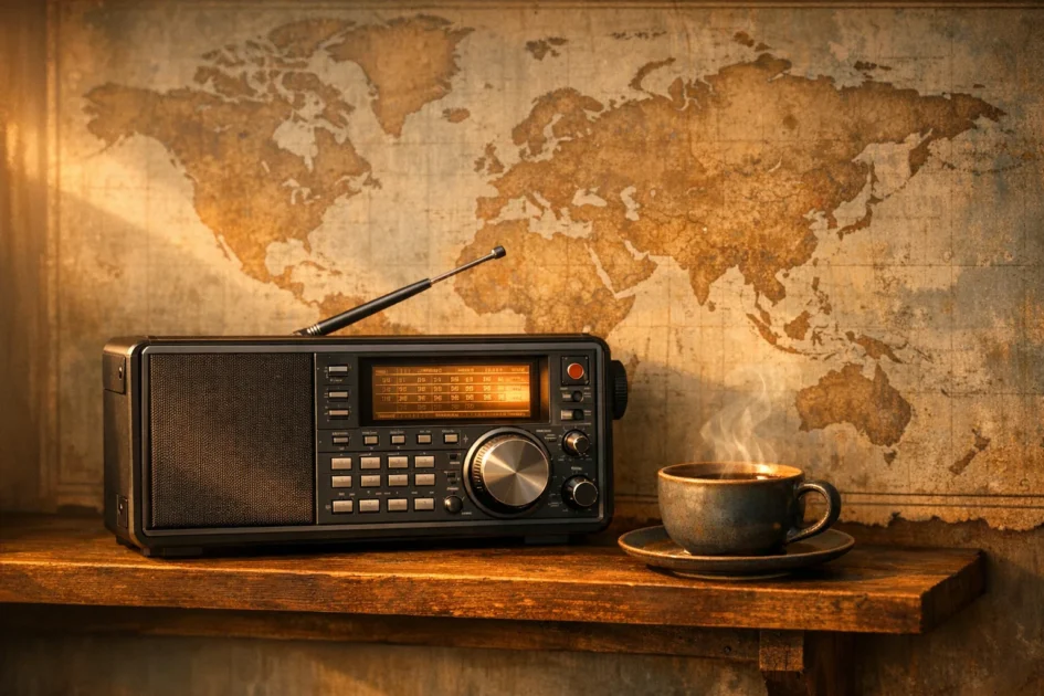 Rádio de ondas curtas em prateleira com mapa ao fundo e xícara de café