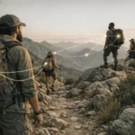 Grupo diversificado de caminhantes em uma trilha montanhosa