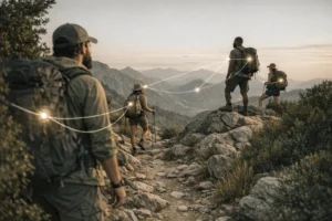 Grupo diversificado de caminhantes em uma trilha montanhosa