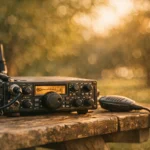 Transceptor QRP em close sobre uma mesa de picnic em parque