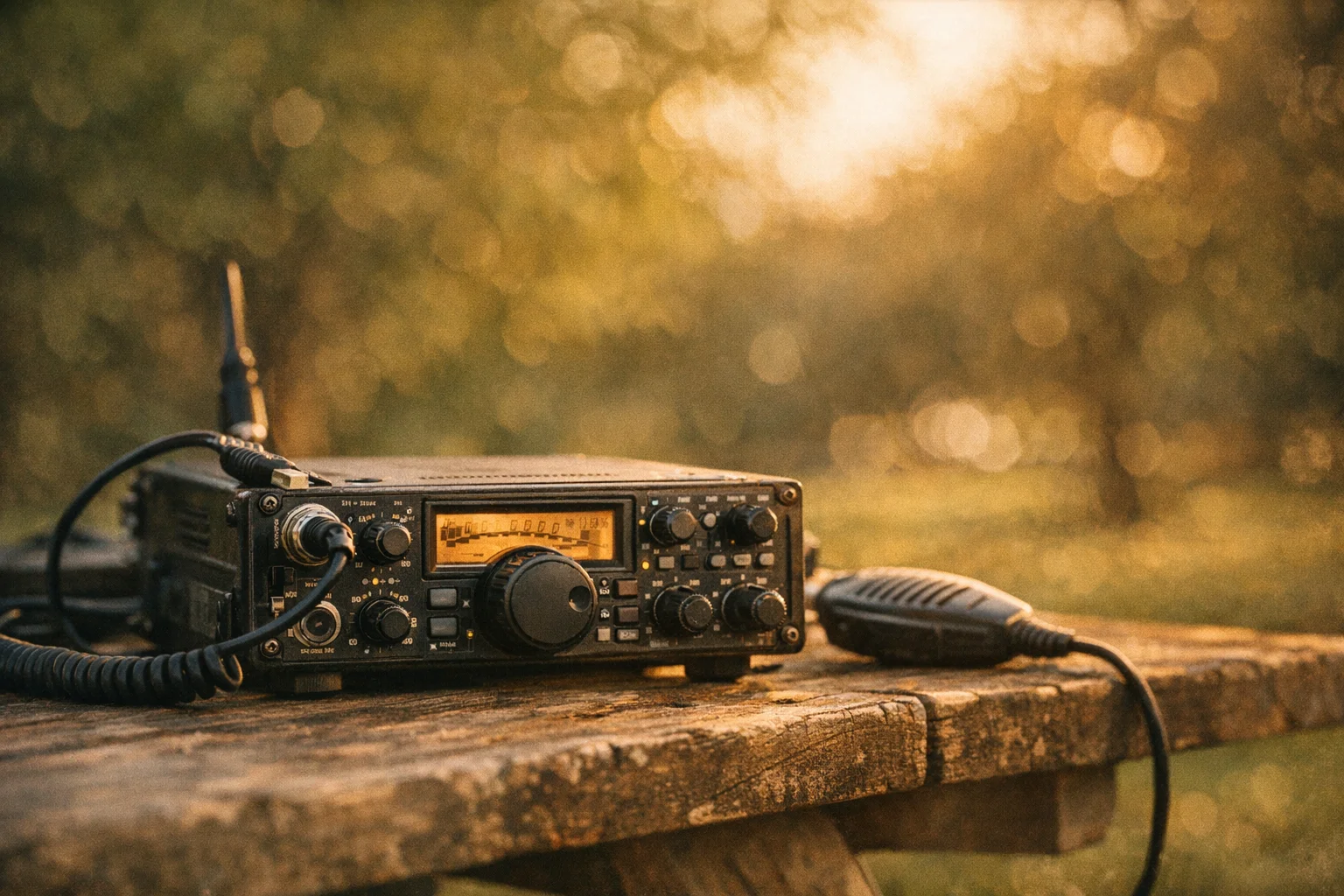 Transceptor QRP em close sobre uma mesa de picnic em parque