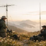 Cenário sereno do Pico da Bandeira com radioamadores e antenas ao amanhecer