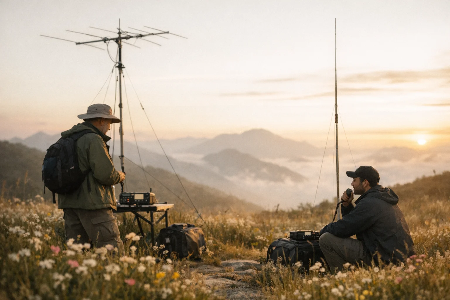 Cenário sereno do Pico da Bandeira com radioamadores e antenas ao amanhecer