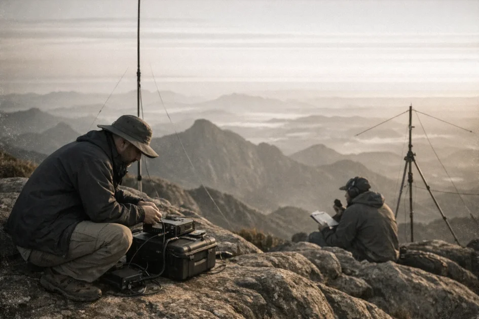 Dois radioamadores no cume do Pico da Bandeira montando equipamentos de rádio