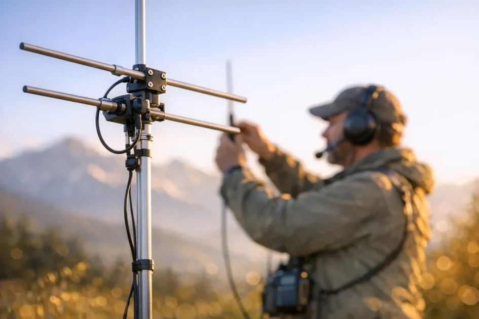 Radioamador ajusta sua antena com montanhas ao fundo