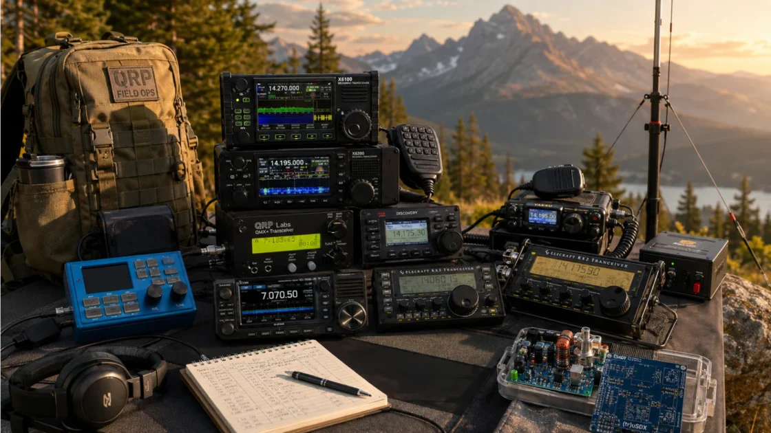 Rádios QRP em mesa ao ar livre com montanhas ao fundo