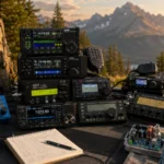 Rádios QRP em mesa ao ar livre com montanhas ao fundo