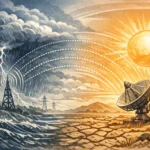 Ilustração de ondas de rádio em um cenário de tempestade e sol escaldante