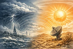 Ilustração de ondas de rádio em um cenário de tempestade e sol escaldante