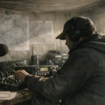 Técnico ajustando equipamentos de rádio em abrigo improvisado
