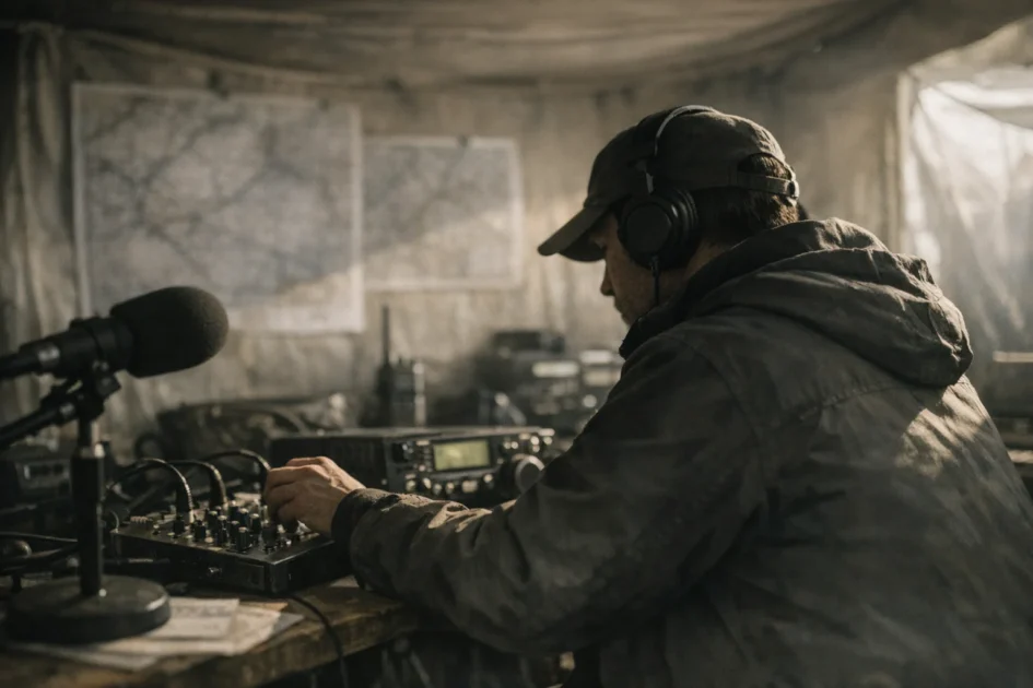 Técnico ajustando equipamentos de rádio em abrigo improvisado
