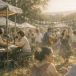 Estação de rádio ao ar livre com pessoas interagindo em meio à natureza
