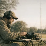 Homem de 50 anos ajustando seu rádio Icom 705 em um parque ensolarado