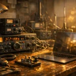 Mesa desordenada com rádio vintage, antenas e laptop iluminados