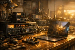 Mesa desordenada com rádio vintage, antenas e laptop iluminados