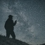 Radioamador em colina, olhando para o céu noturno com rádio na mão