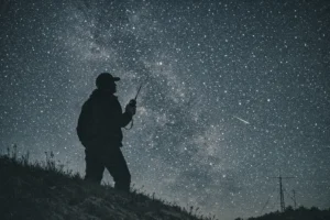 Radioamador em colina, olhando para o céu noturno com rádio na mão
