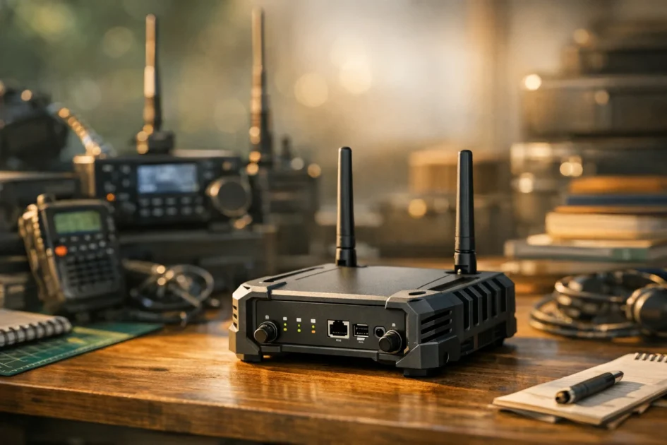 Mesa organizada com equipamentos de rádio e um dispositivo Meshcore em destaque